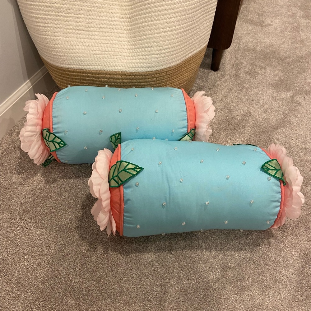 2 Boho Bolster pillows, floral, aqua and peach